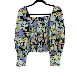 NWT Free People Ariana Floral Puff Sleeve Smocked Square Neck Blouse Sz XS